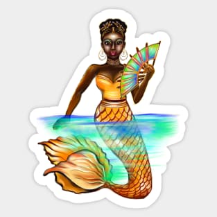 mermaid with gold scales and fan, brown eyes curly Afro hair and dark brown skin. Black mermaids Sticker